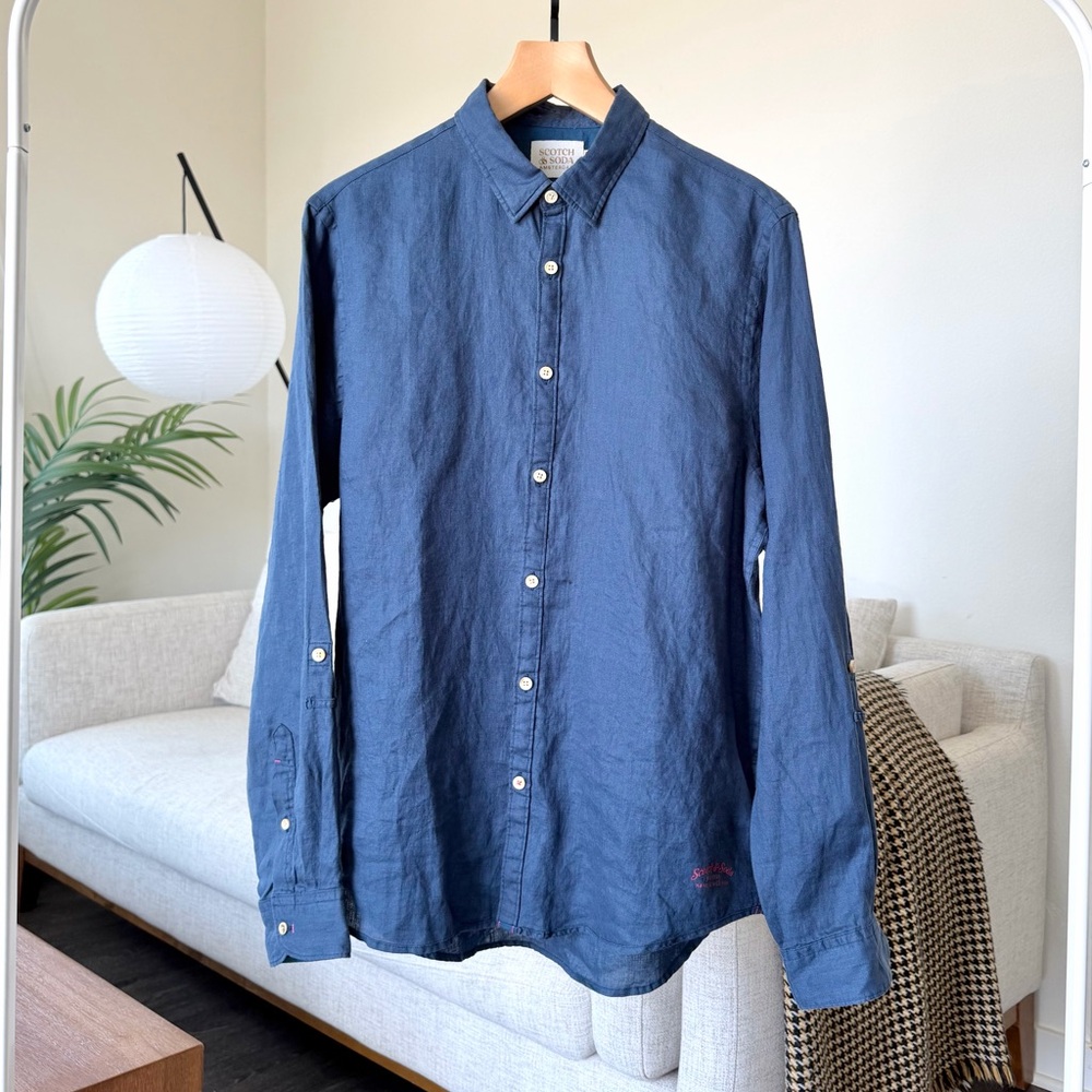 Scotch & Soda Navy Long-Sleeve Linen Button-Down Shirt